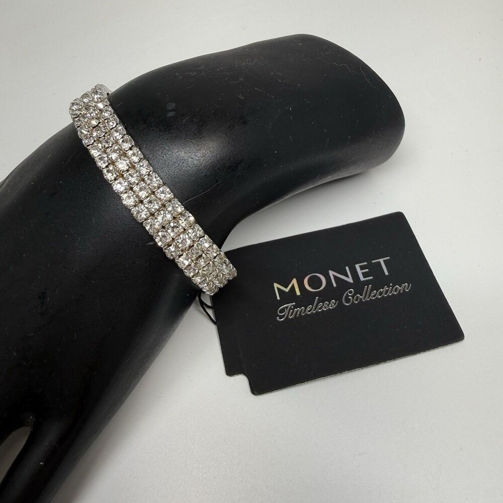Monet Timeless Collection Silver Tone Three Strand Rhinestone Stretch Bracelet